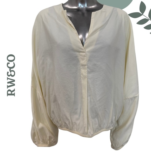 🛍️3/$40 RW&CO Relaxed Fit Long Sleeve V-Neck Top Pale Yellow Blouse Size Medium - Picture 1 of 6